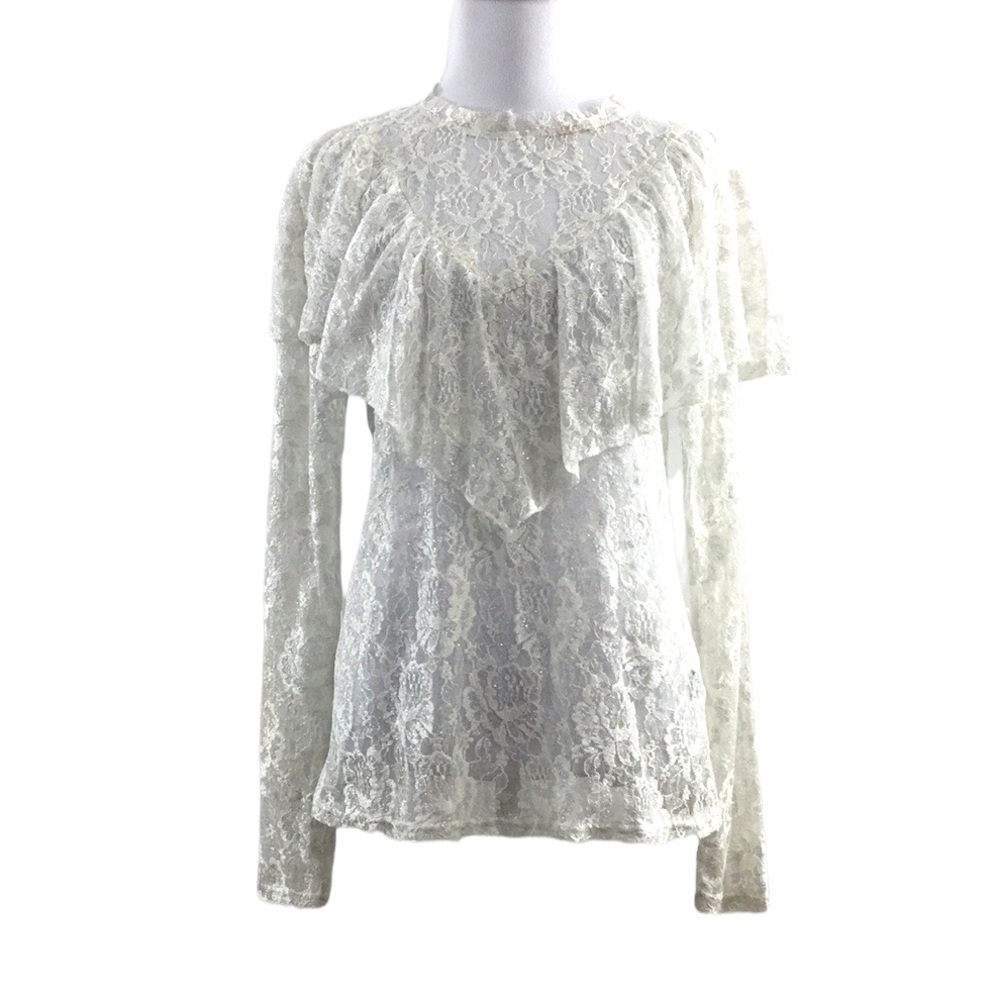 BKE Boutique White Silver Sheer‎ Lace Blouson Ruffle Top Western Medium Romantic